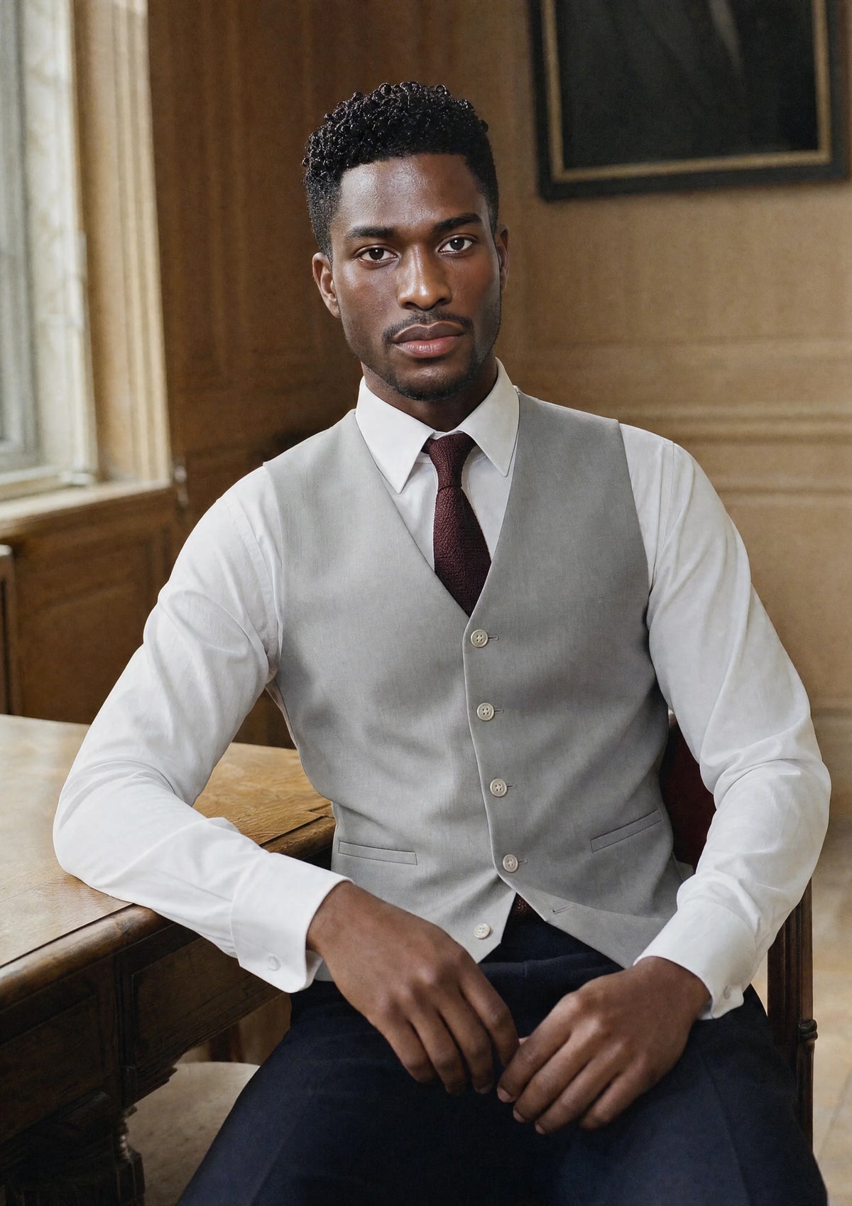 Harbor Grey Sharkskin Vest worn by a model, faculty reading room228