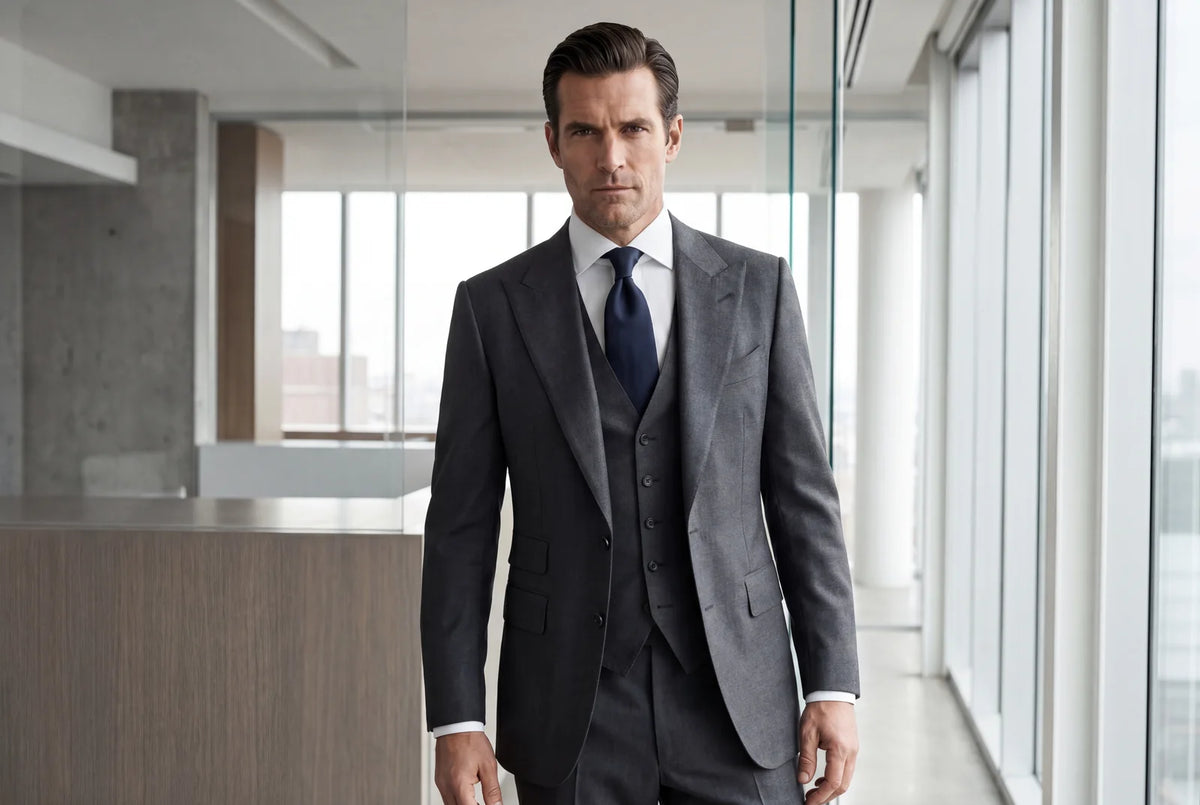 A Harvey Specter-style man in a charcoal three-piece peak-lapel suit in a modern office