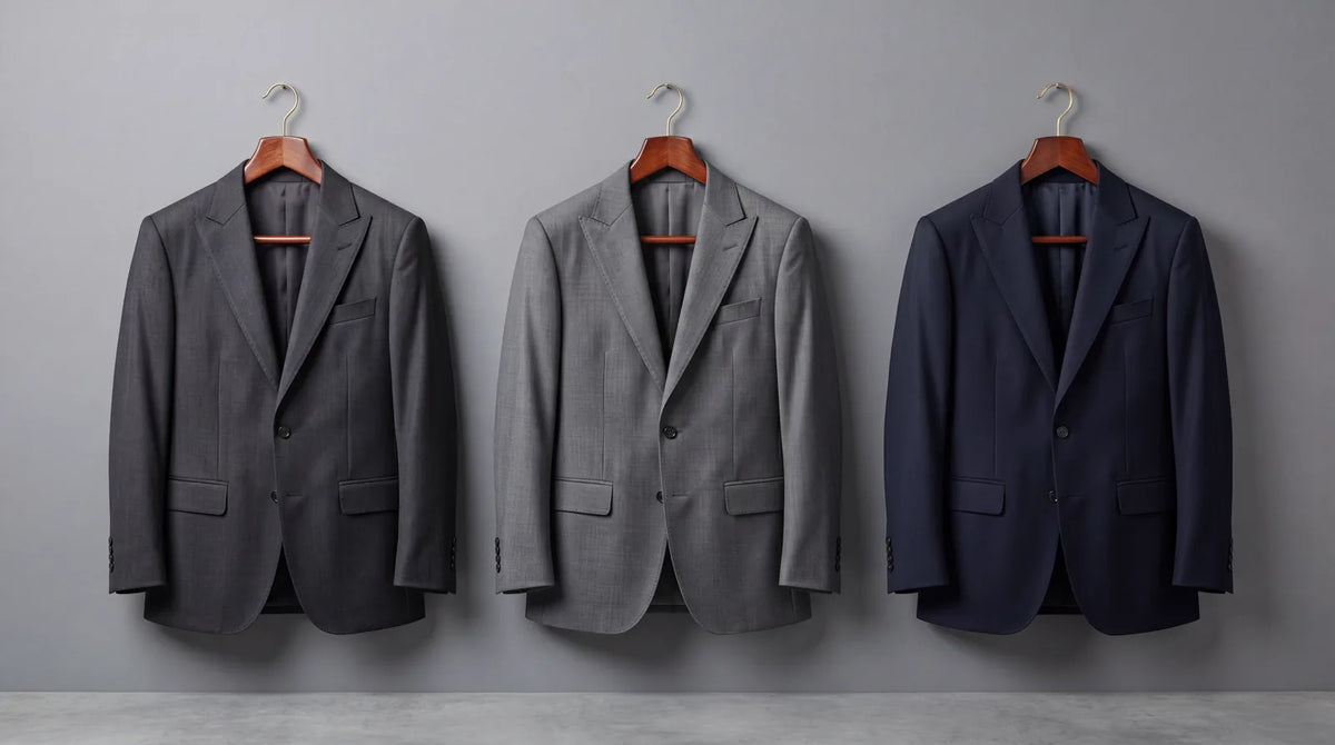 Charcoal, mid-grey and navy suit jackets on hangers — the Harvey Specter colour palette