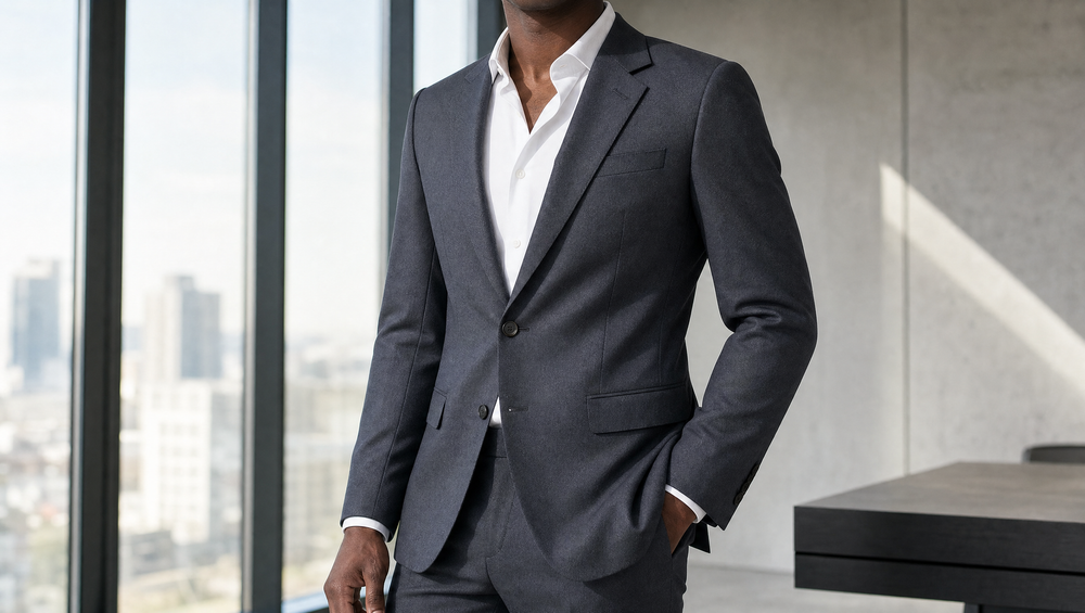 A slate grey twill suit in natural office light shows how mid-grey reads as professional without the severity of black or the predictability of navy.