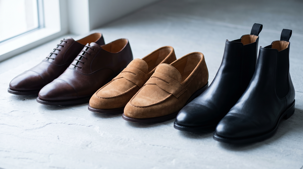 Three business casual shoe options arranged by formality on slate — brown leather oxford, tan suede loafer, black Chelsea boot