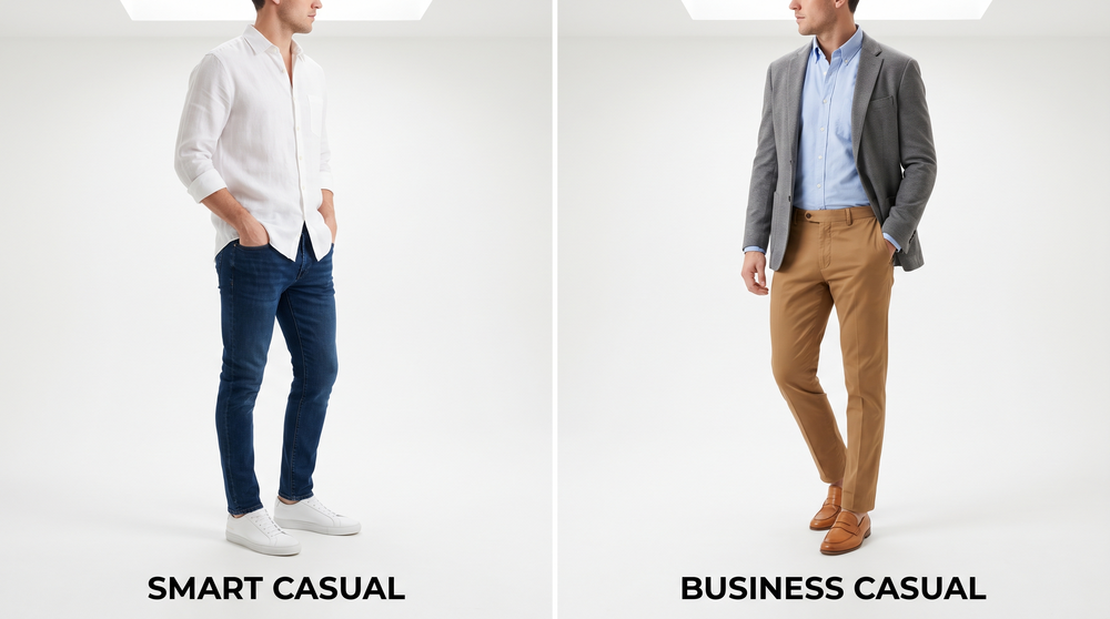 Side-by-side comparison of smart casual (jeans, sneakers, no jacket) versus business casual (chinos, blazer, leather shoes)
