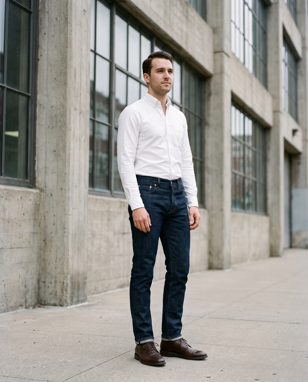 Man in dark indigo jeans, white Oxford shirt tucked in, and brown Derby shoes outside a minimal concrete building — business casual jeans done correctly
