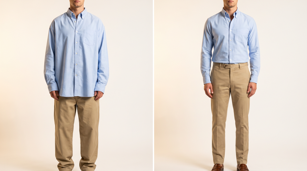Side-by-side comparison showing an ill-fitting versus a well-fitted business casual outfit in identical garments