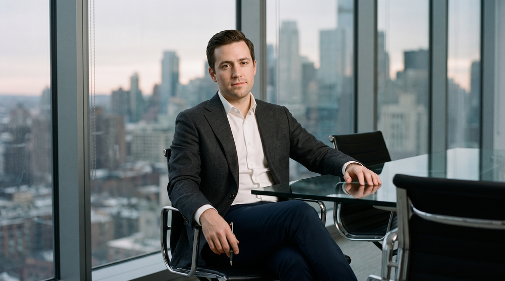 A man in a charcoal sport coat seated at a glass conference table with city skyline behind him — business casual for a client meeting