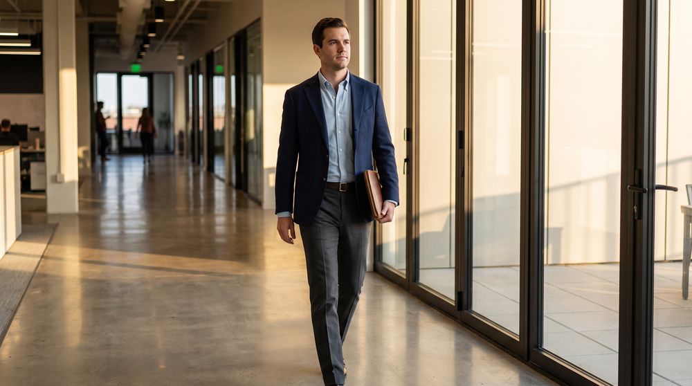A man in a navy sport coat, light blue Oxford shirt, and charcoal trousers walking through a modern office corridor — the business casual formula in motion