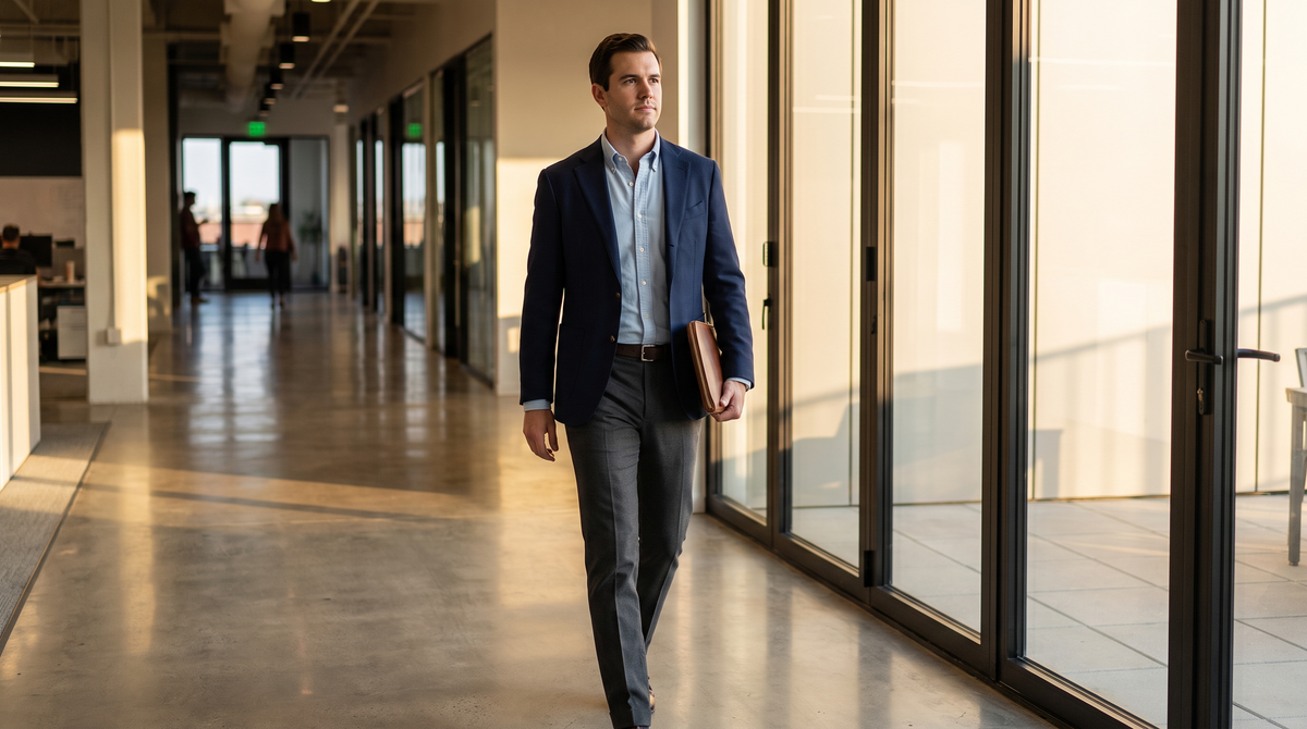 A man in a navy sport coat, light blue Oxford shirt, and charcoal trousers walking through a modern office corridor — the business casual formula in motion