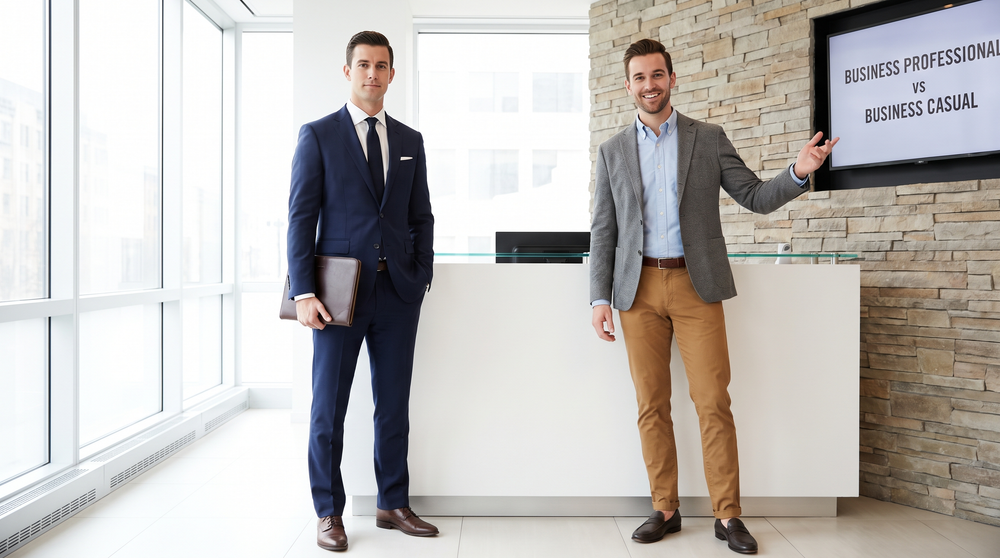 Left: business professional in navy suit and tie. Right: business casual in grey blazer, camel chinos, no tie — the line between the two dress codes