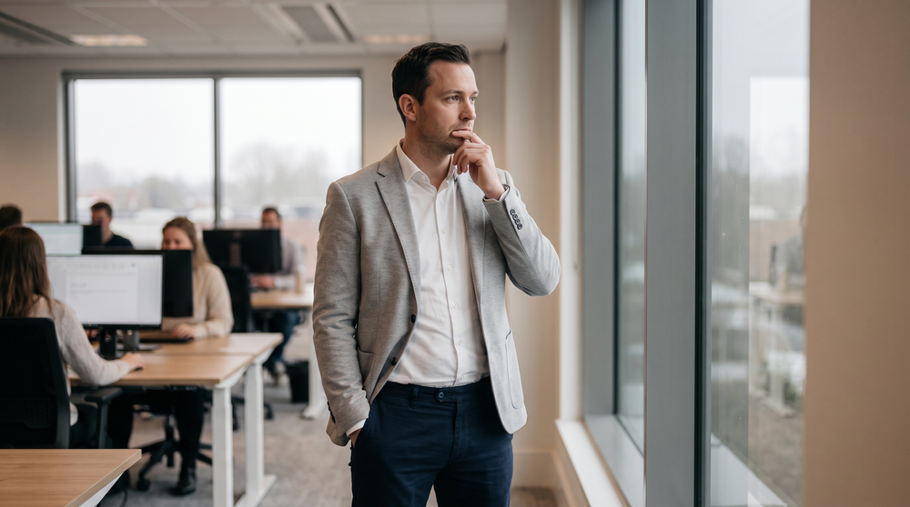 A man in a light grey blazer and dark trousers in an open-plan office, reading the room — how dress code signals work in context
