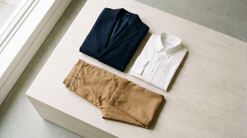 Flat lay of a navy blazer, white Oxford shirt, and camel chinos on pale stone — the foundational business casual wardrobe pieces
