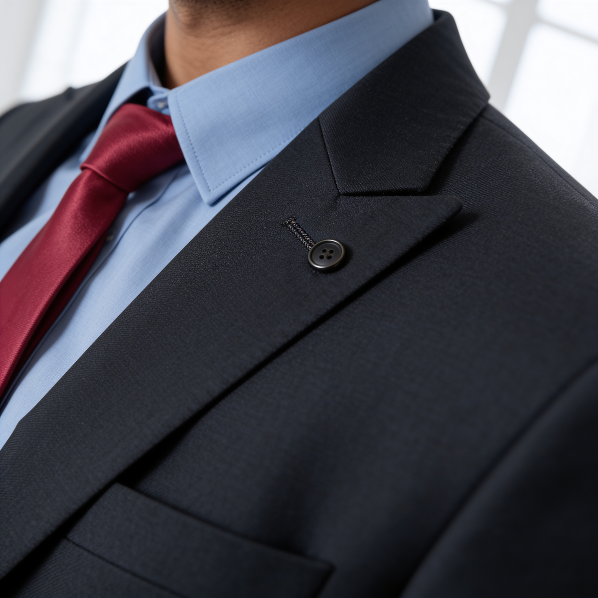 Light-blue shirt collar meeting dark charcoal suit lapel with silk tie in half-Windsor, editorial close-up with shallow depth of field