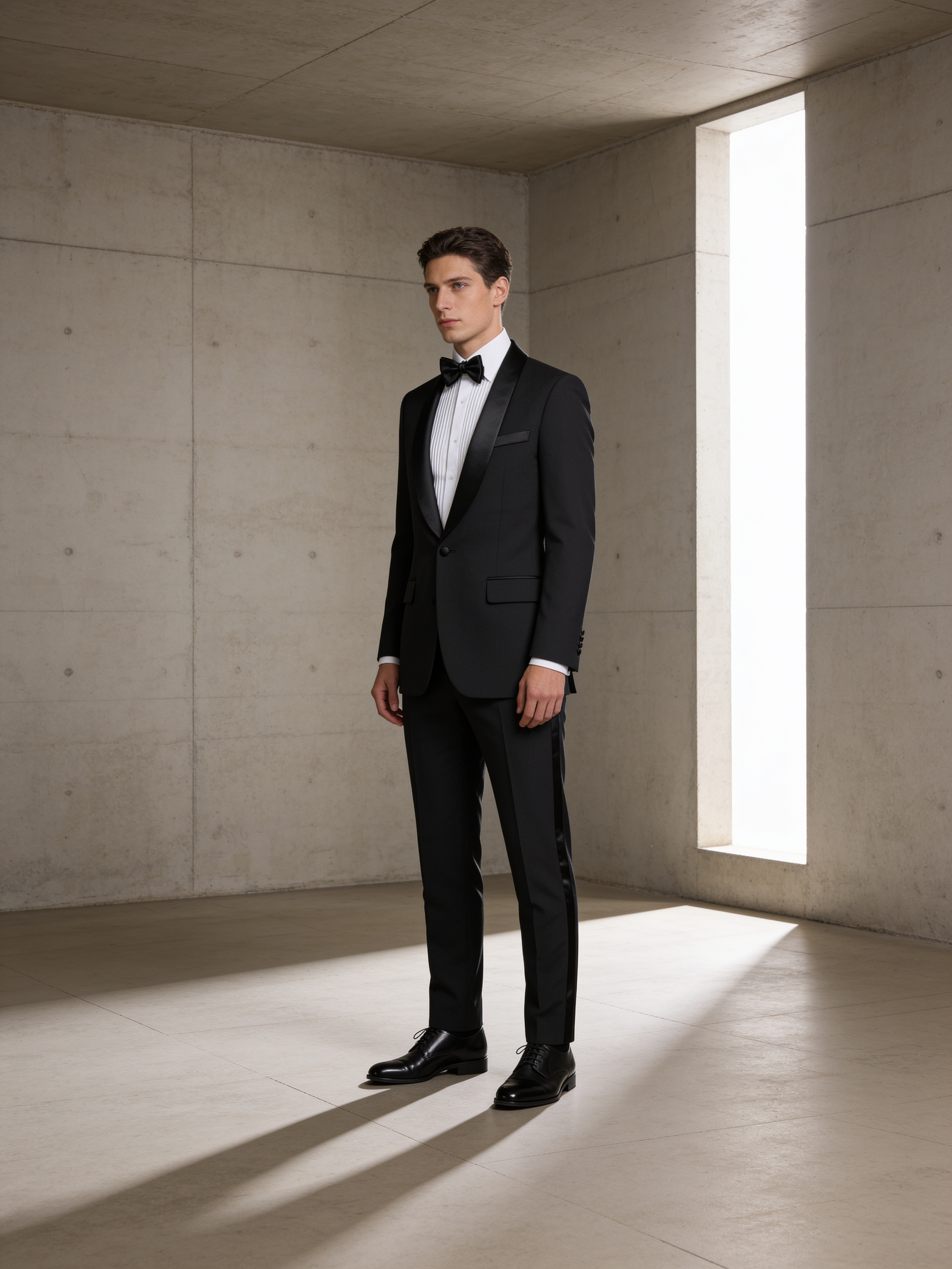 Black double-breasted tuxedo with satin peak lapels, editorial full-length shot in a spare architectural interior
