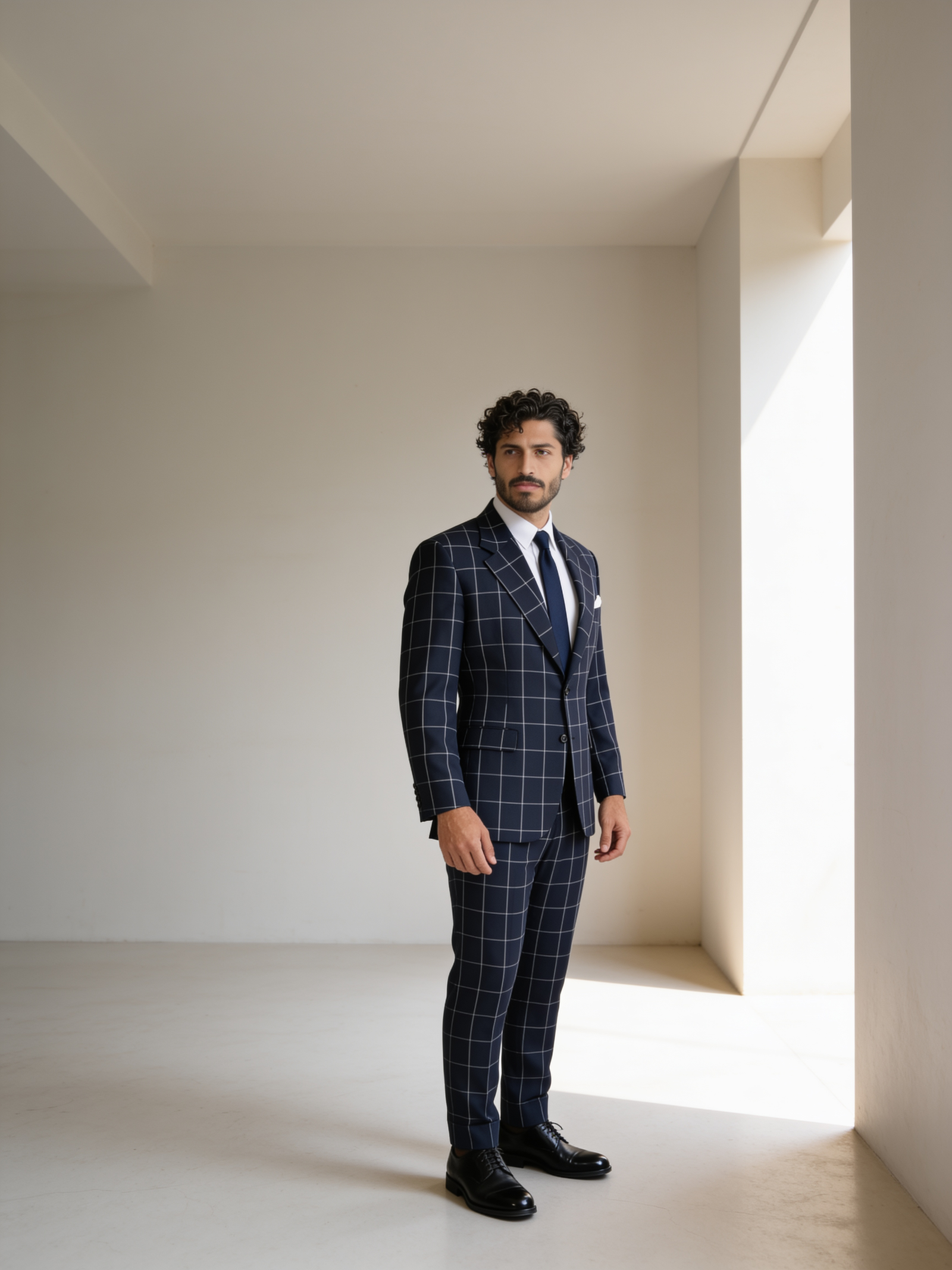Navy windowpane check suit, full-length editorial shot against pale architectural wall
