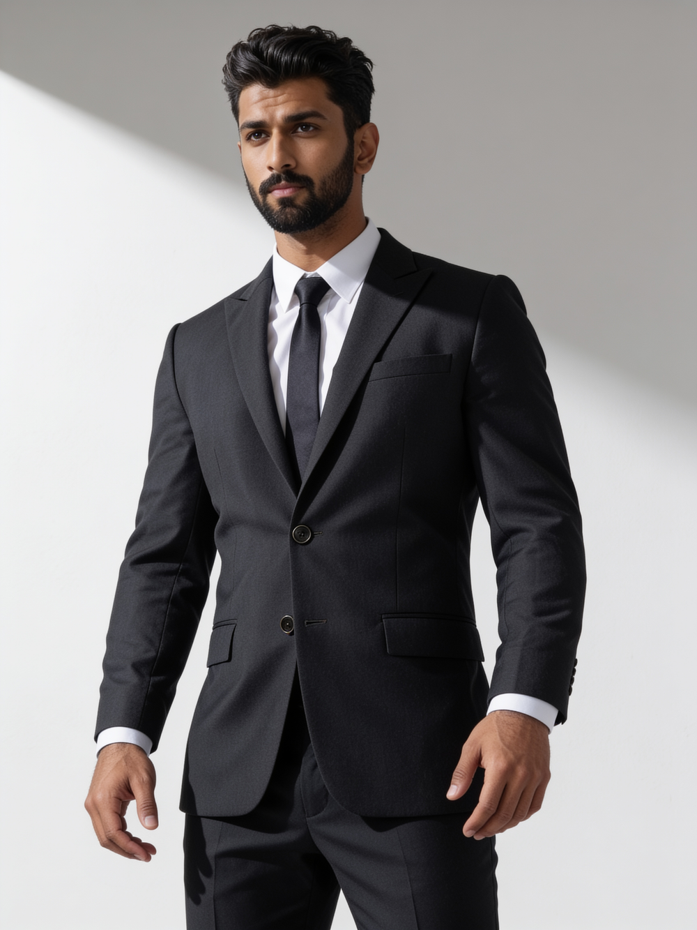 Dark charcoal single-breasted suit, editorial shot against neutral backdrop