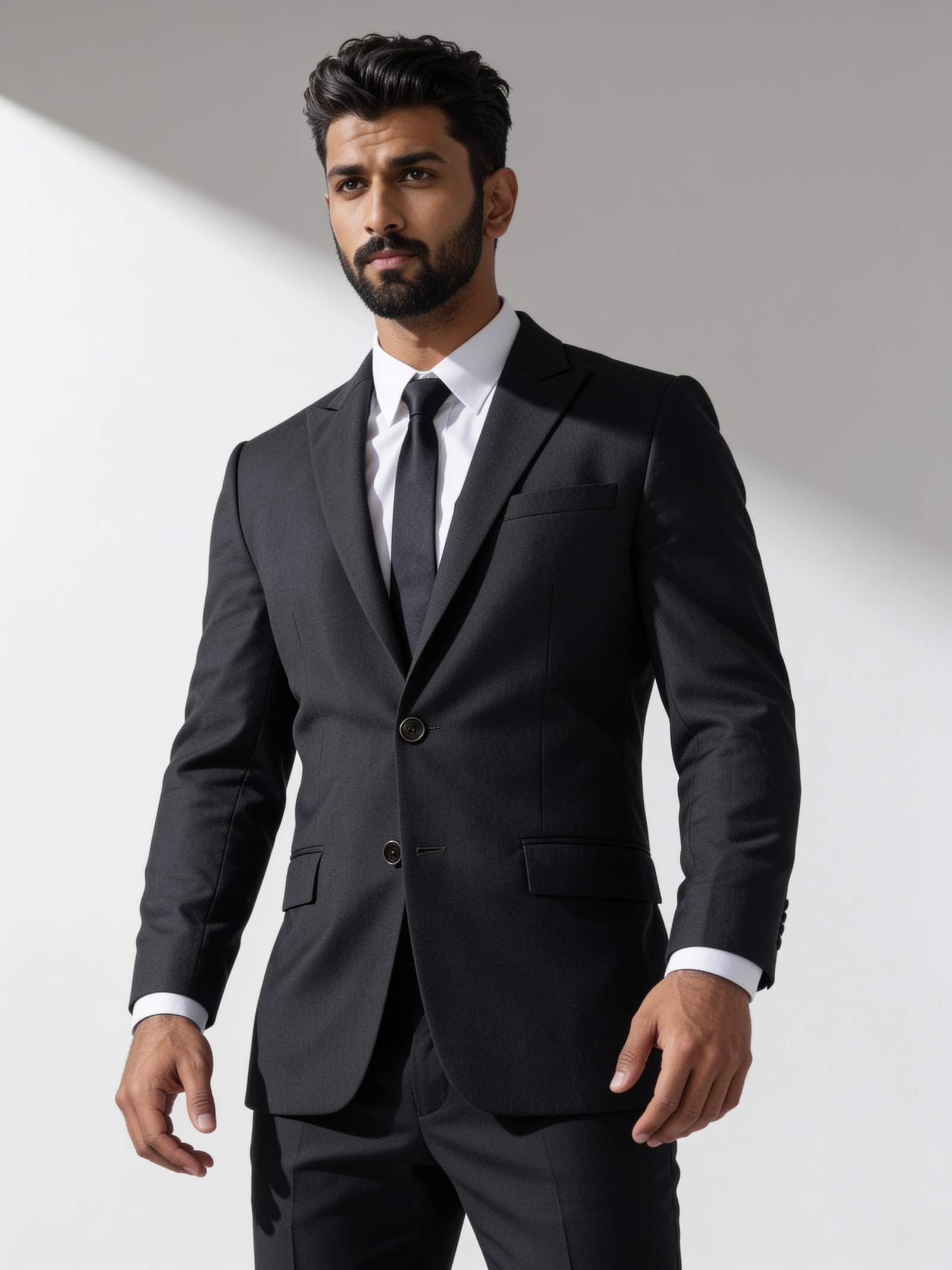 Dark charcoal single-breasted suit, editorial shot against neutral backdrop