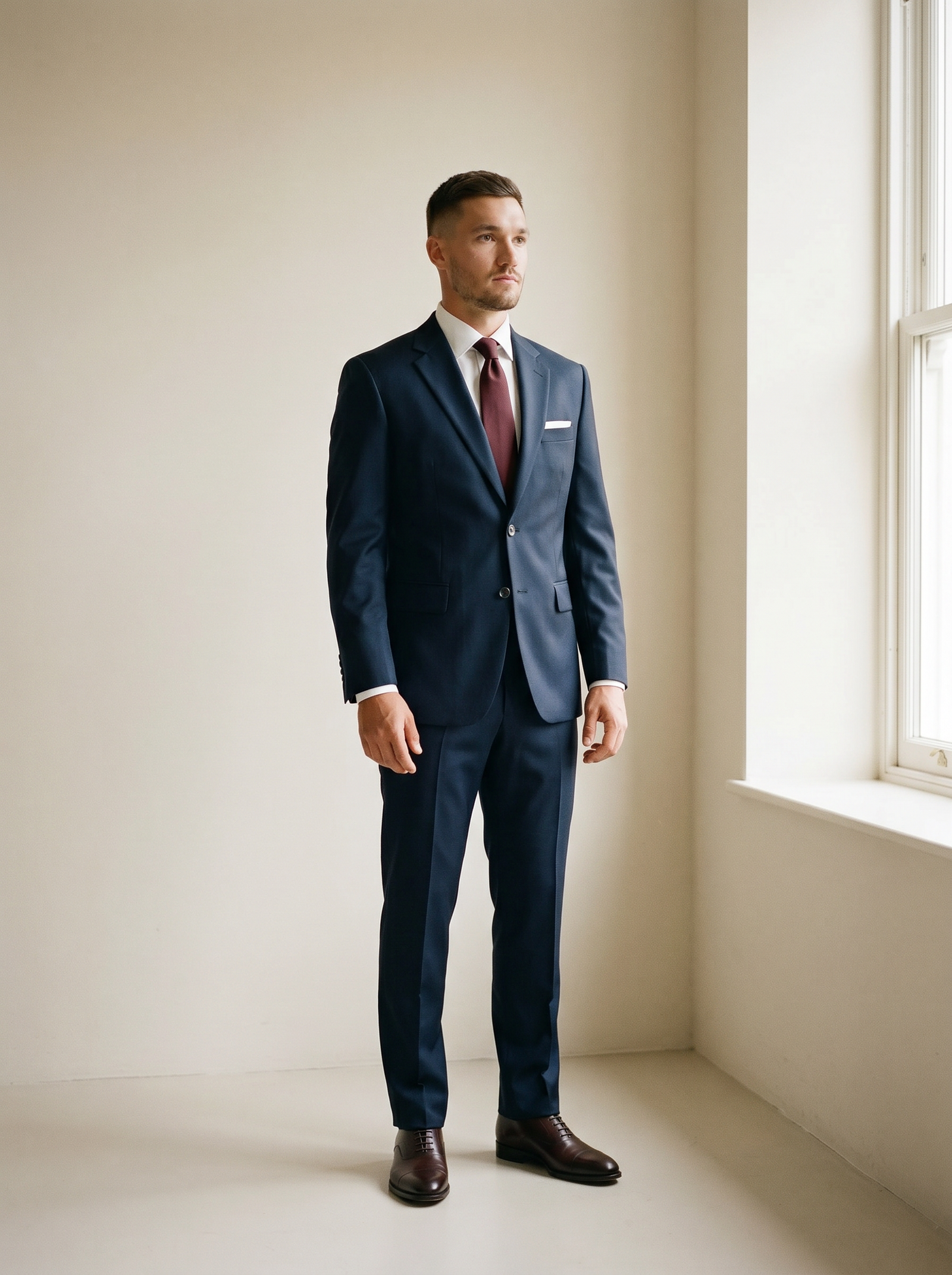 A navy suit styled as a coordinated system with white shirt, burgundy tie, and brown shoes