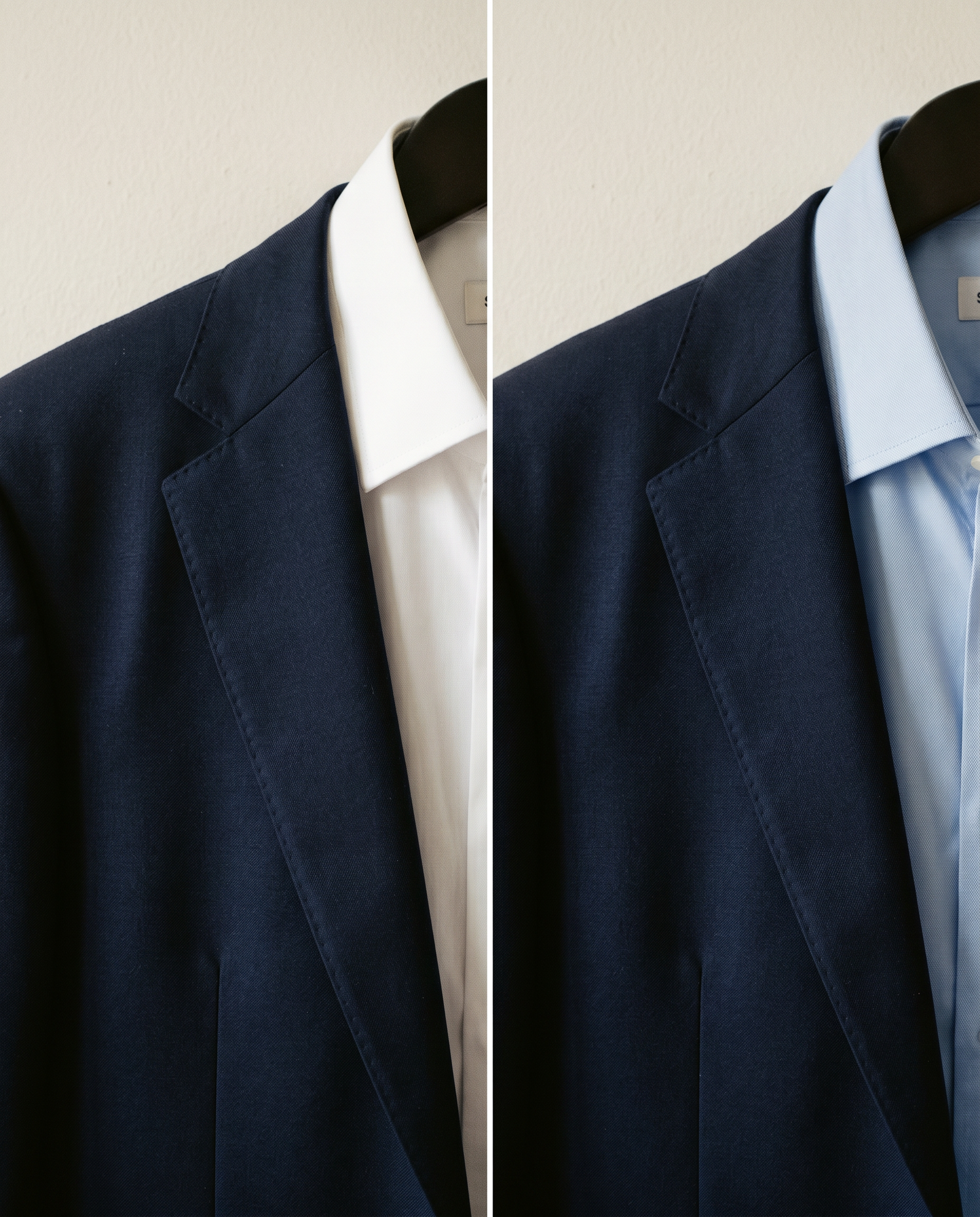 A navy suit jacket shown with a white shirt beside the same jacket with a light-blue shirt