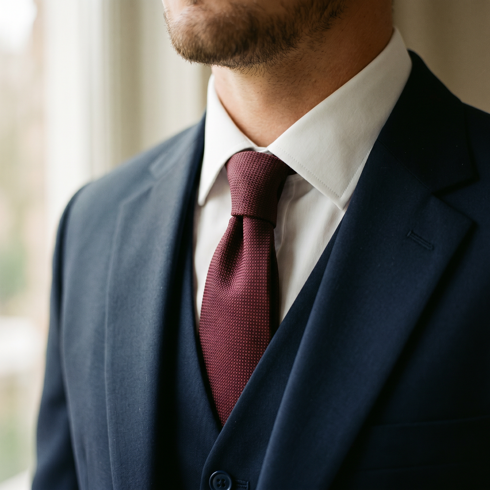 A burgundy tie against a navy suit and white shirt, the most versatile navy tie pairing