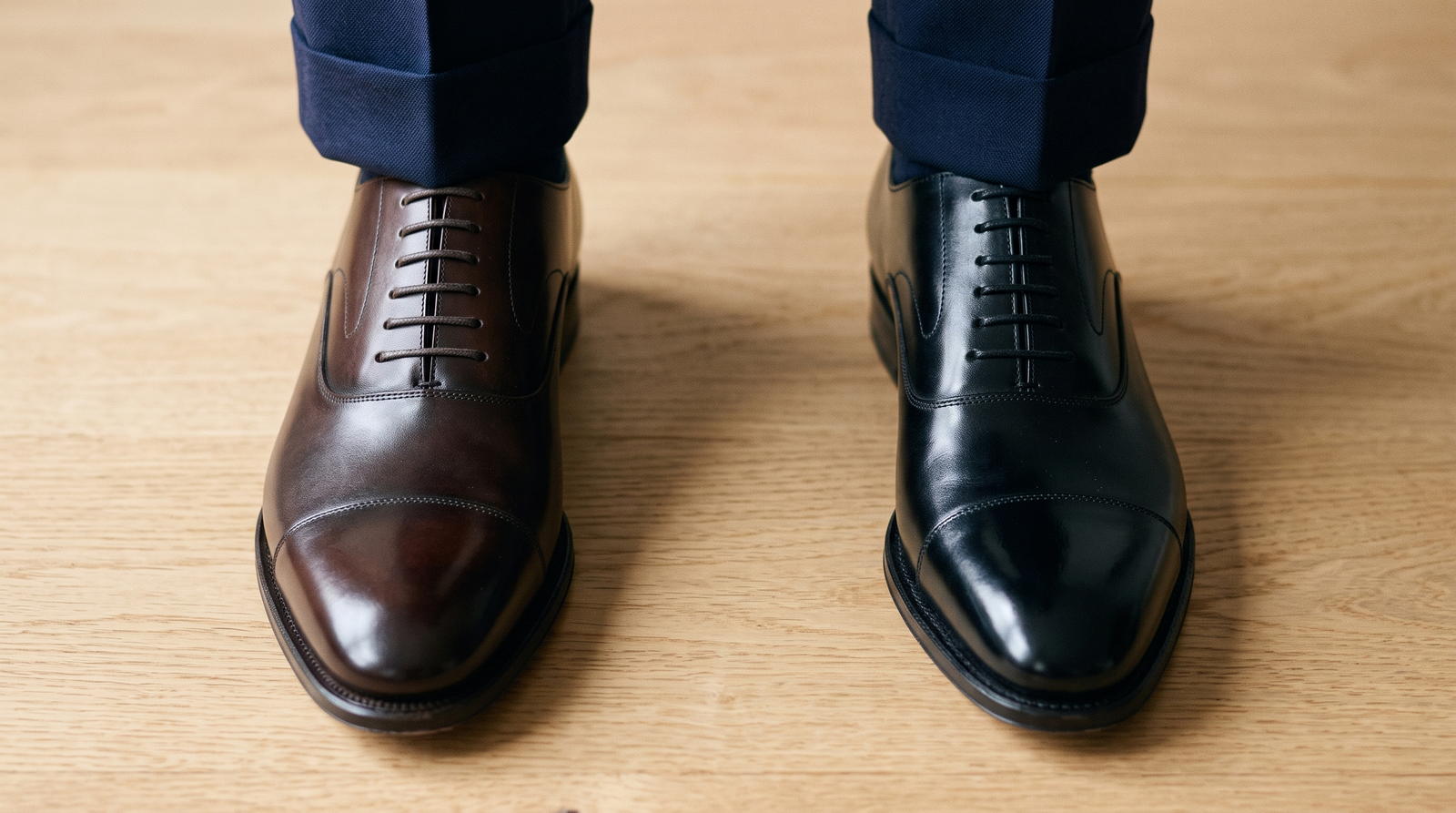 A dark-brown oxford beside a black oxford under navy suit trousers, showing the brown-versus-black choice