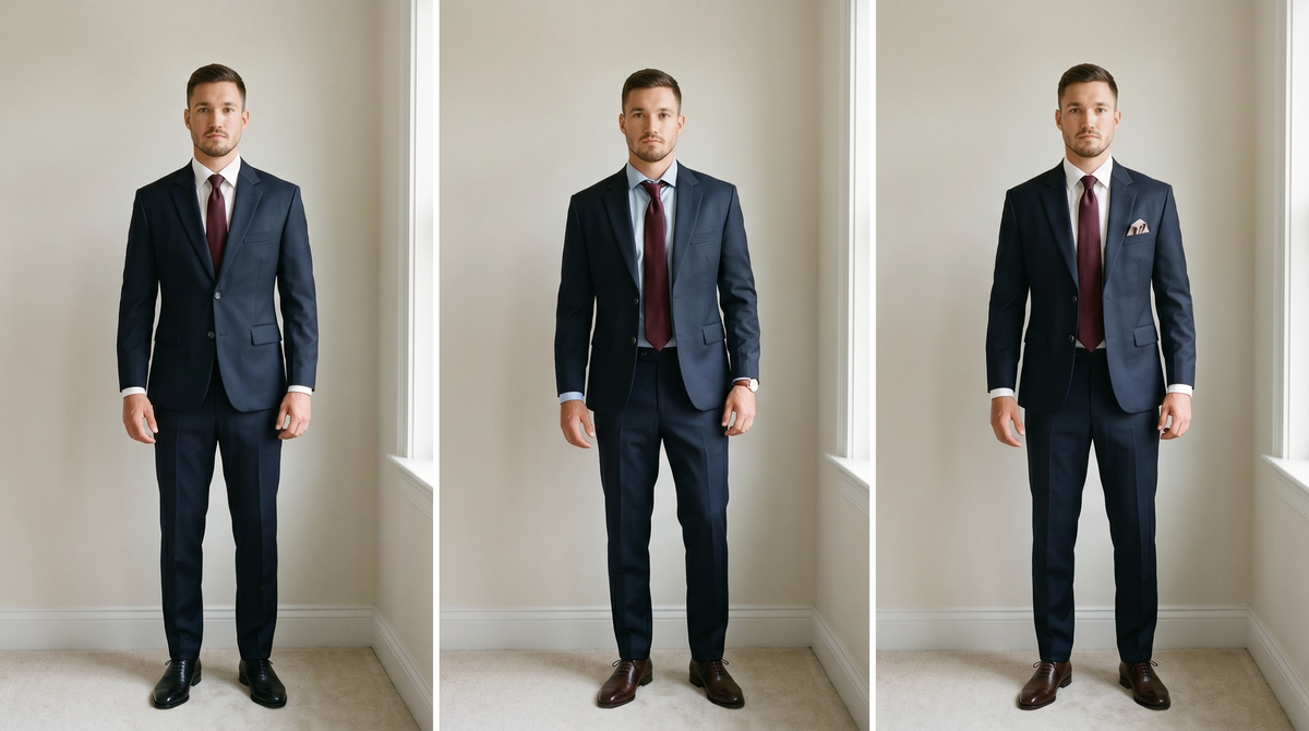 One navy suit styled three ways for an interview, a workday, and a wedding