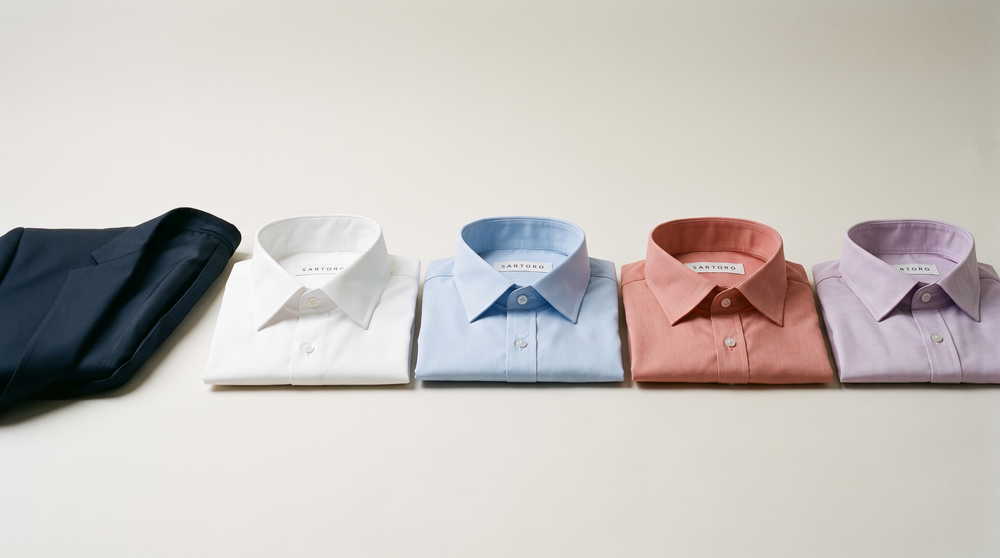 White, light blue, pink, and lilac shirts arranged beside a navy suit jacket lapel, showing rising color personality.