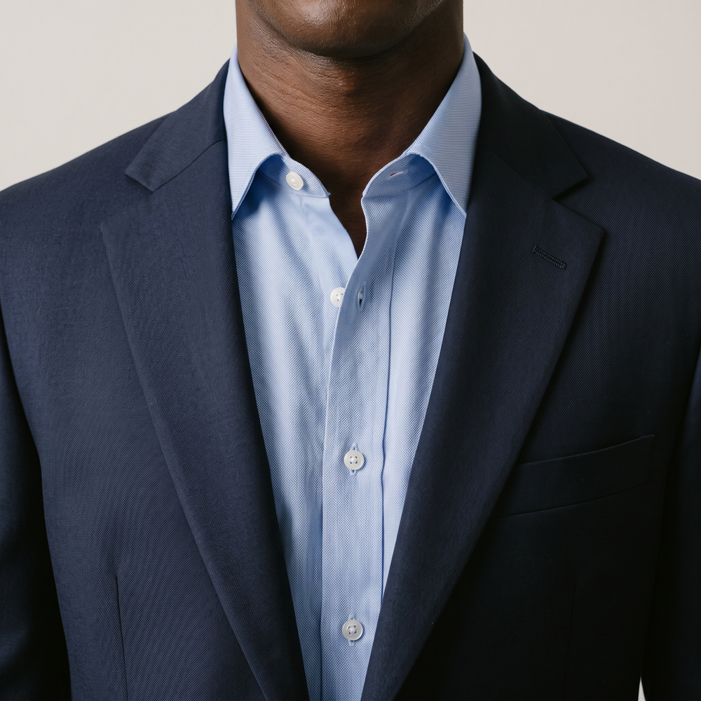A navy suit worn with a textured blue pinpoint oxford shirt, showing how a shirt's weave adds visual interest.