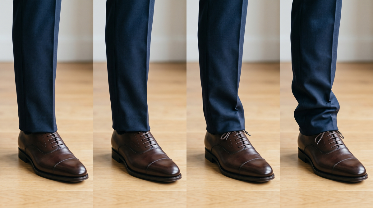 Four examples of trouser break on the same navy suit pants and brown oxford shoe, from no break to a full break