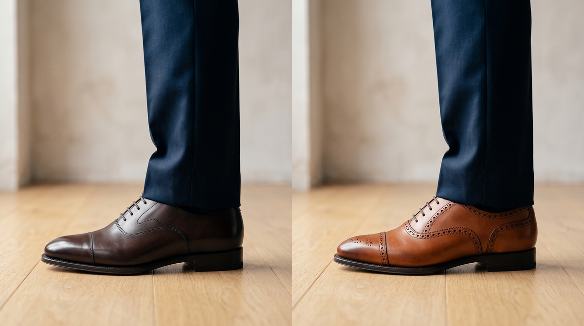 The same suit pants hem shown over a brown oxford and a cognac brogue oxford, comparing how trouser break reads by shoe