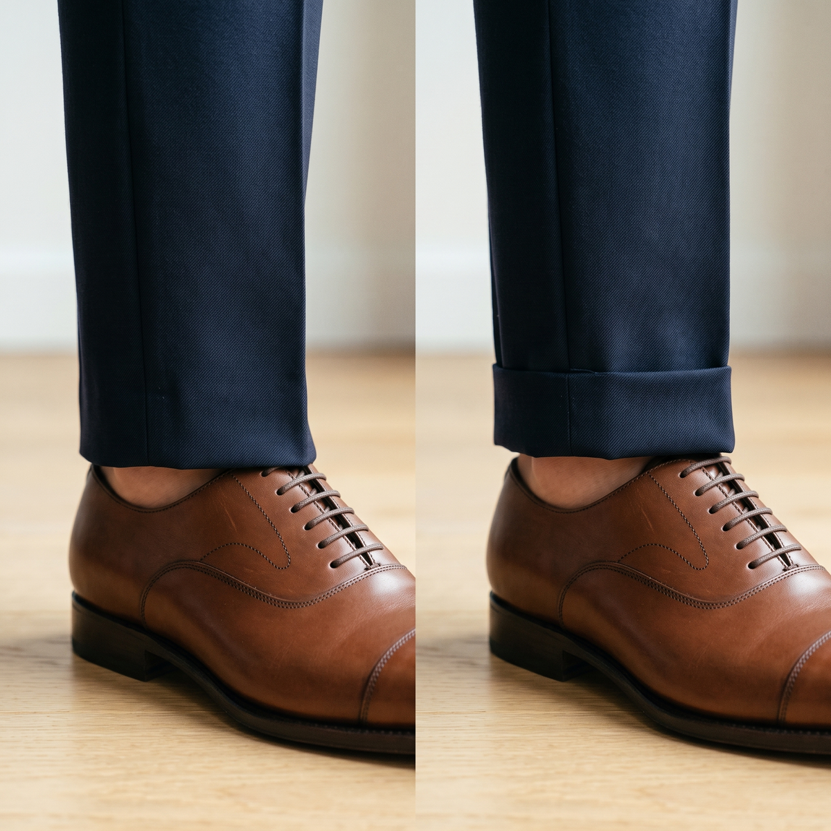A cuffed turn-up next to a plain hem on the same navy suit pants, both resting on a brown oxford shoe