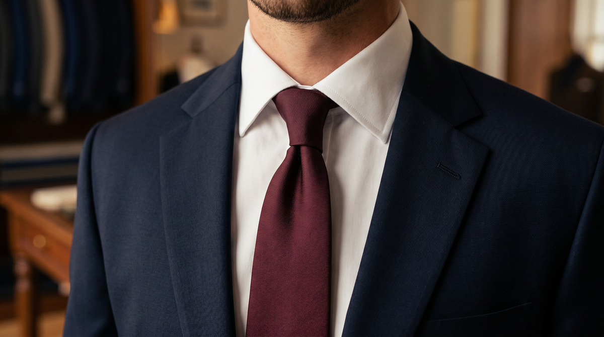 Burgundy silk tie in a four-in-hand knot against a white shirt collar and navy suit jacket.