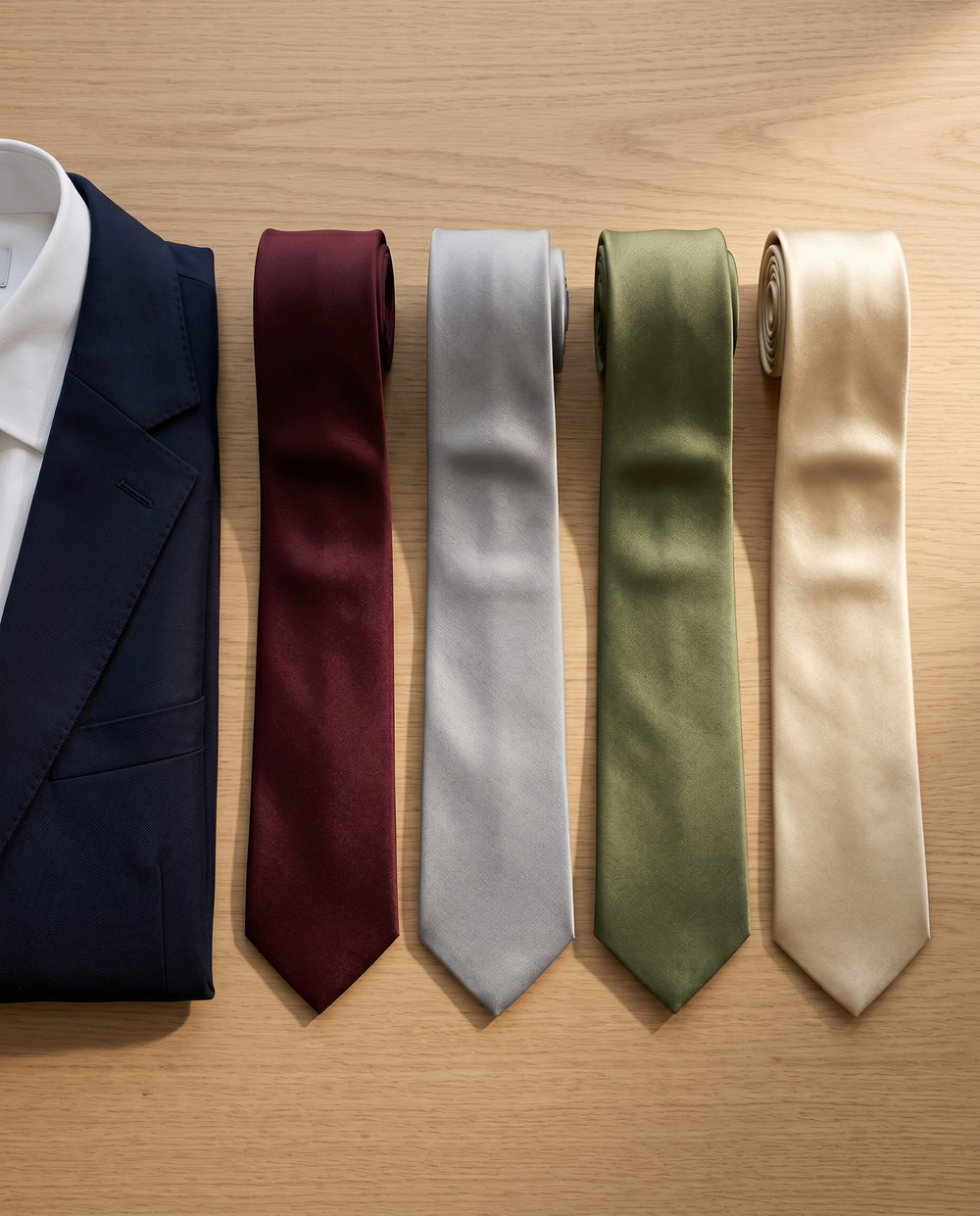 Four tie colors, burgundy, grey, olive green, and champagne gold, laid beside navy suit fabric and a white shirt collar.