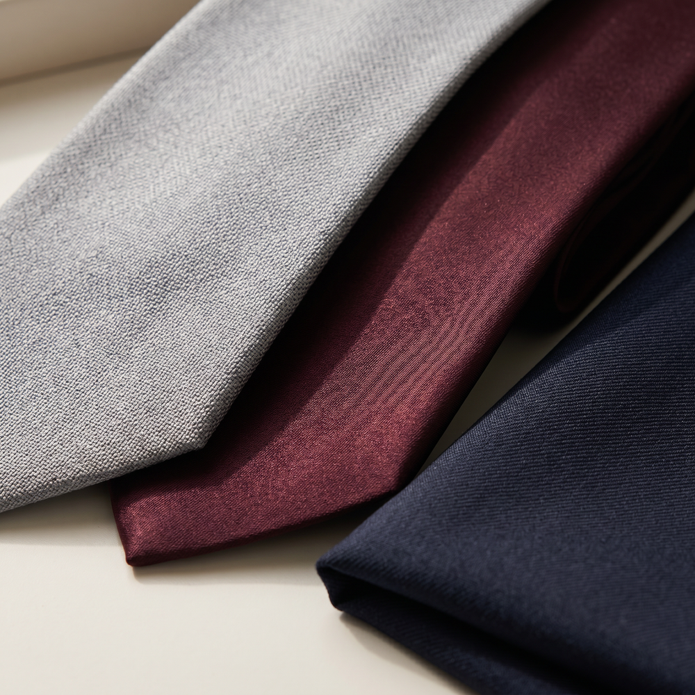 A grey tie and a burgundy silk tie beside folded navy suit fabric, showing two tie finishes side by side.