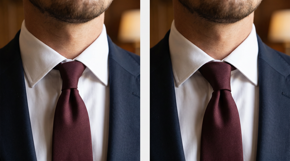A small four-in-hand knot and a larger Windsor knot in the same burgundy tie, shown at the collar of a navy suit.
