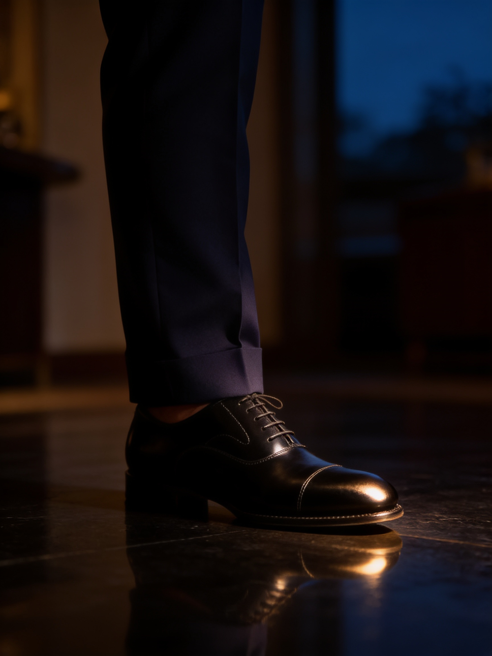 A high-shine black cap-toe oxford worn with a navy suit for formal and evening wear.