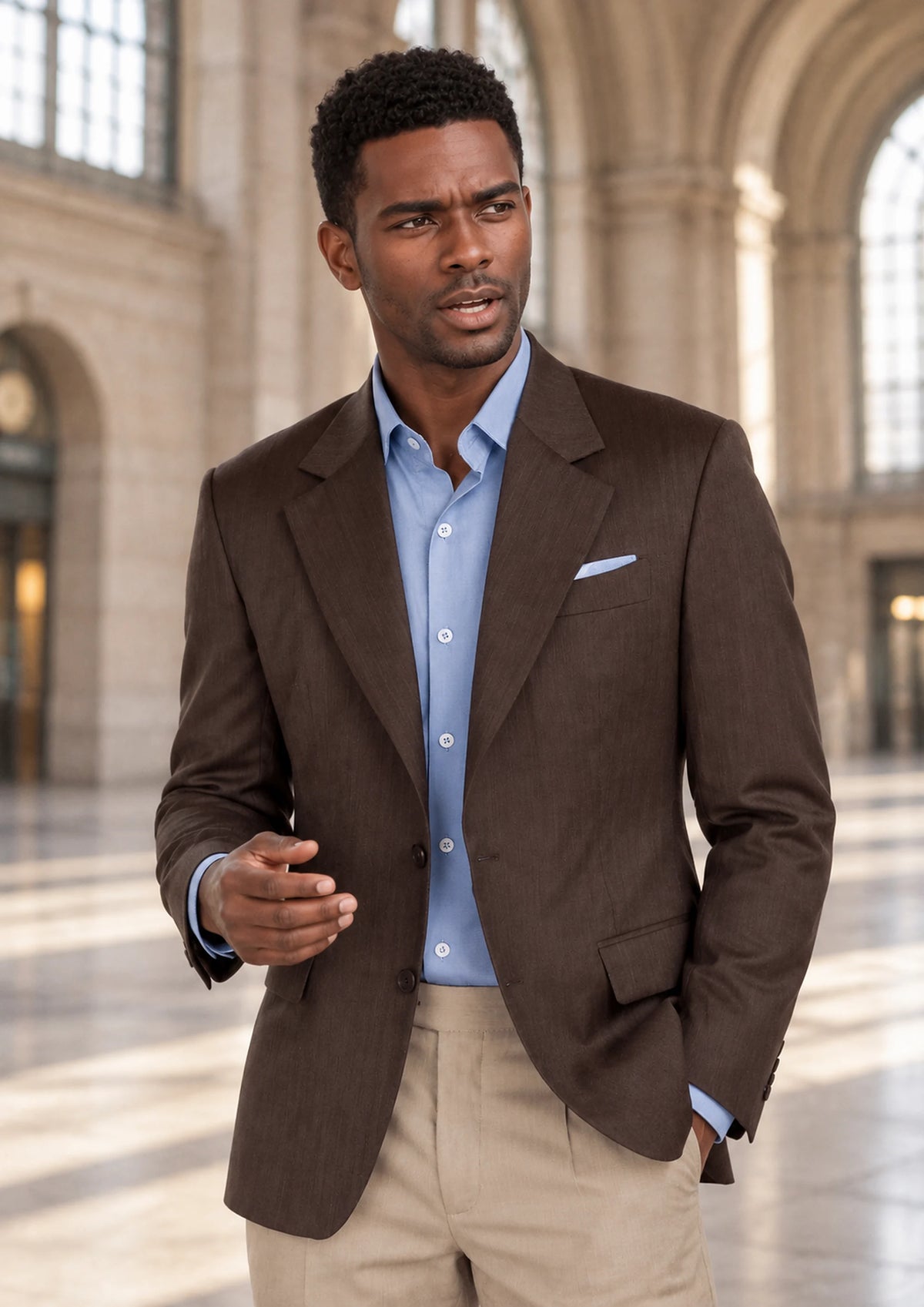 Hickory Brown Herringbone Jacket worn by a model, railway station concourse17