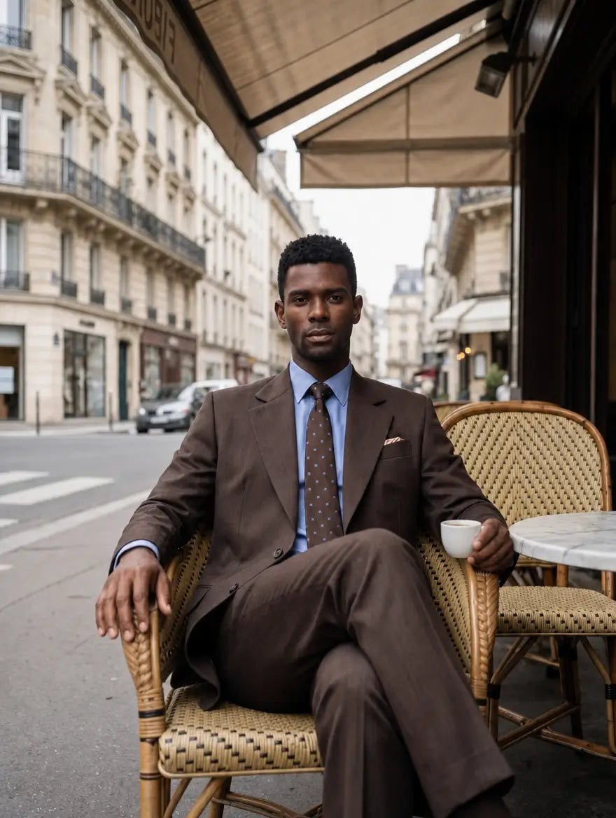 Man in a brown suit sitting at an outdoor cafe table in an urban setting28