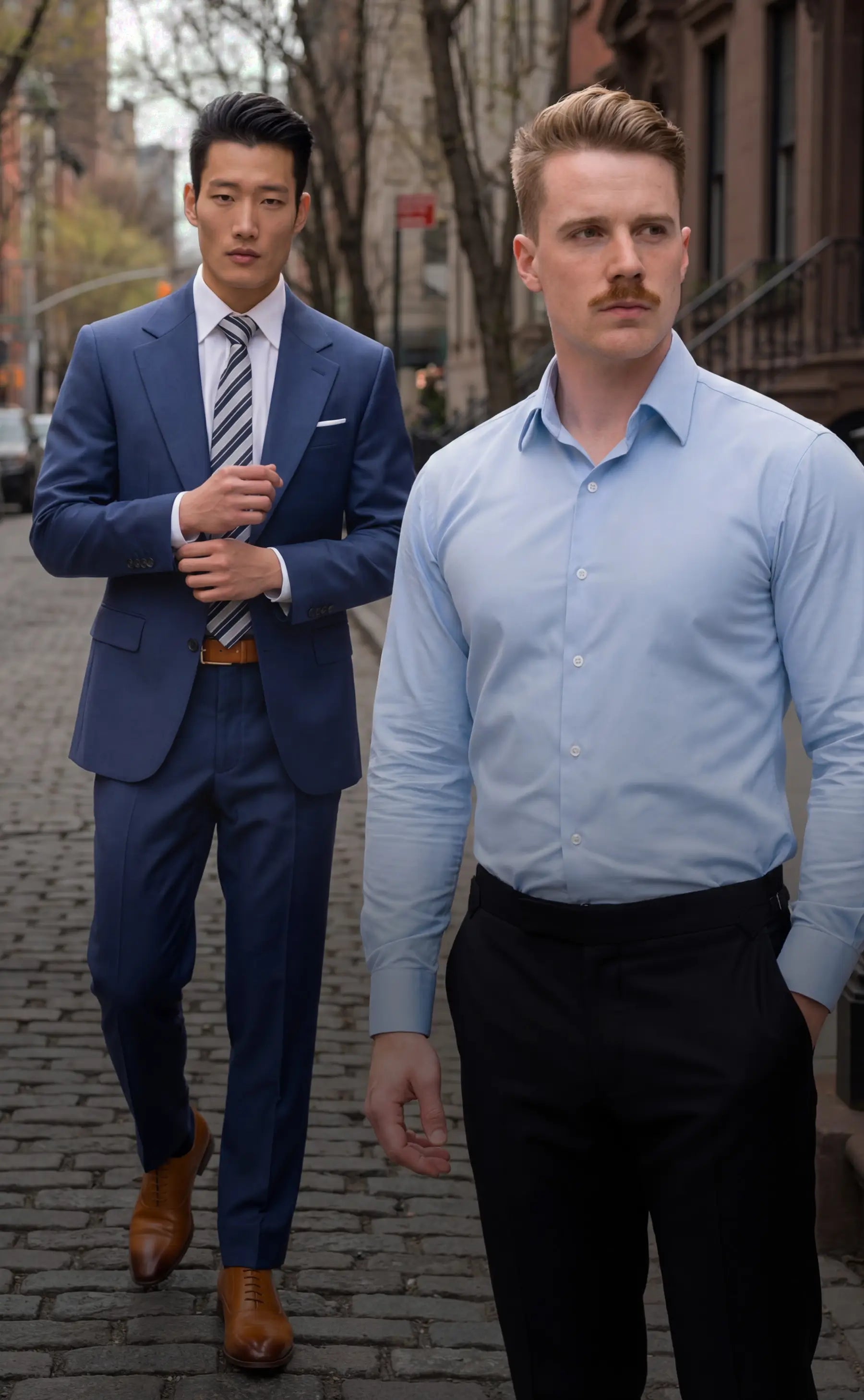 Two men in business attire standing on a city street40