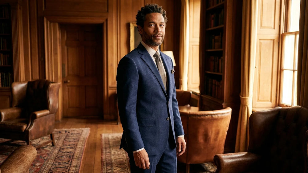 A man in a well-fitted navy suit showing correct jacket length in a warm library.
