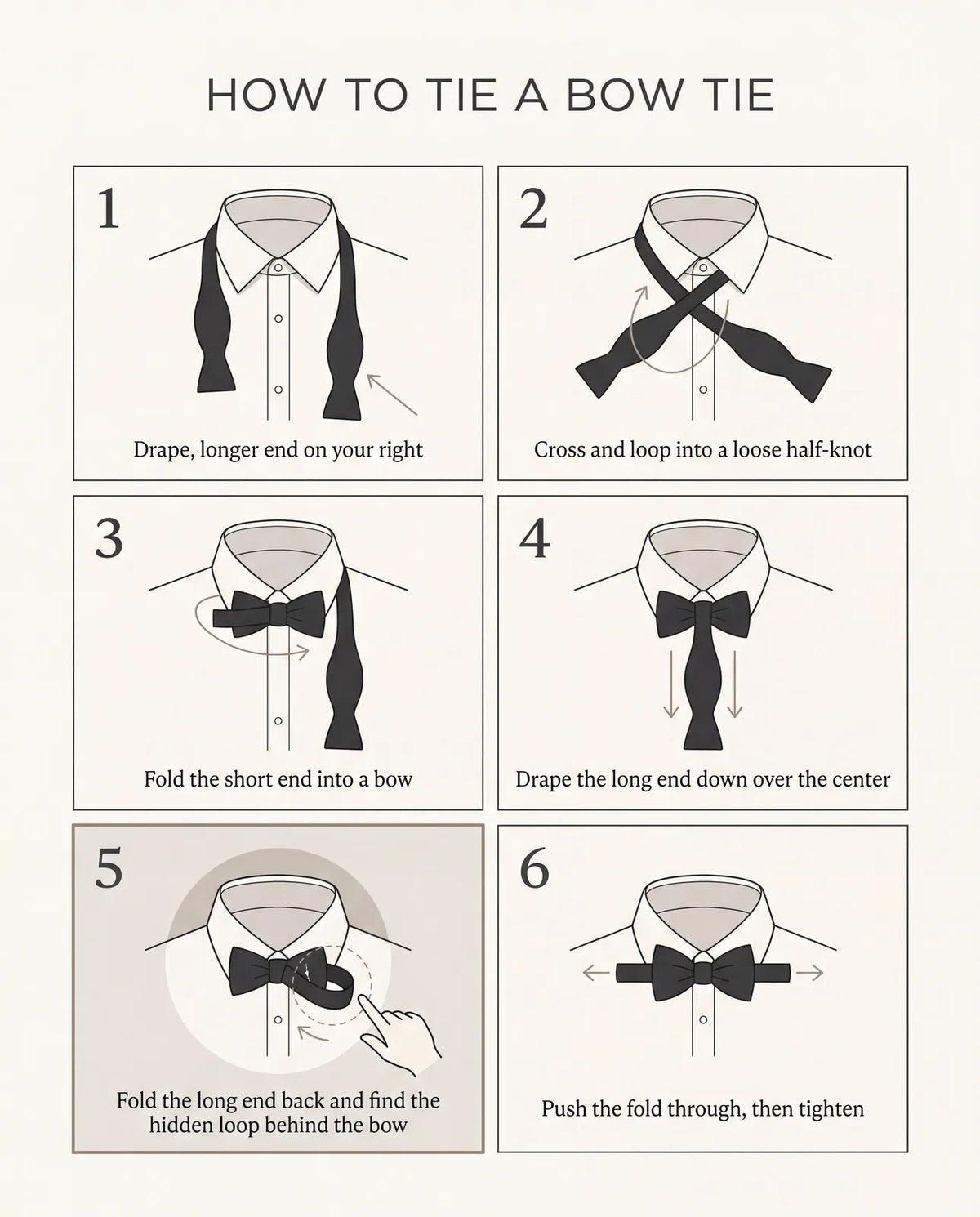 Step-by-step diagram showing how to tie a bow tie
