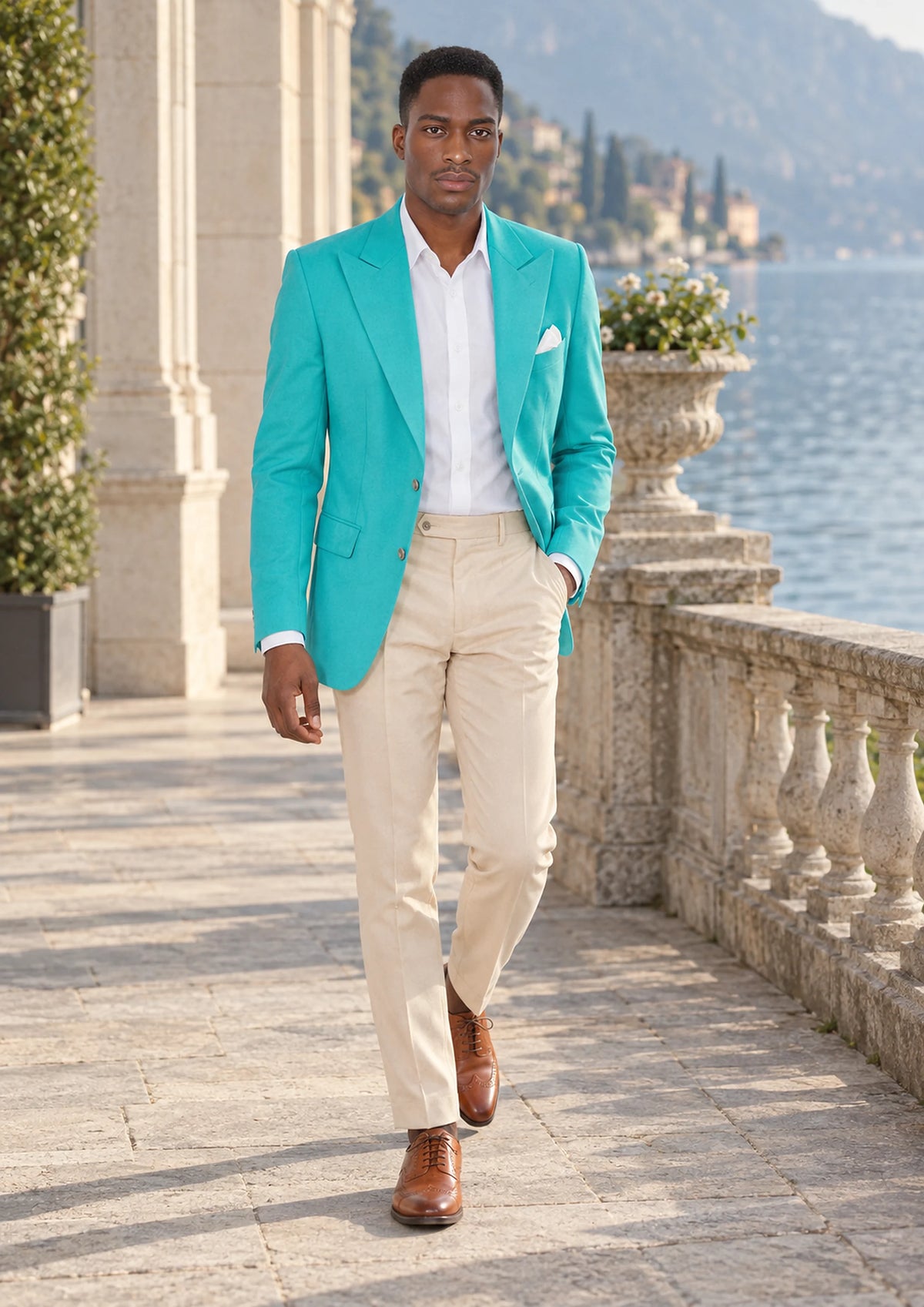 Aqua Blue Stretch Jacket worn by a model, lakeside hotel terrace657