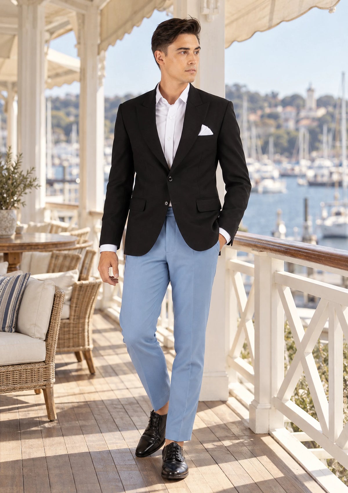 Midnight Black Stretch Jacket worn by a model, yacht club veranda918