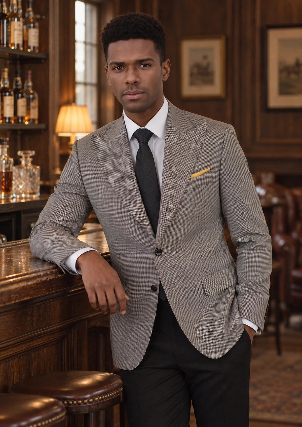 Hudson Grey Houndstooth Jacket worn by a model, club whisky bar908