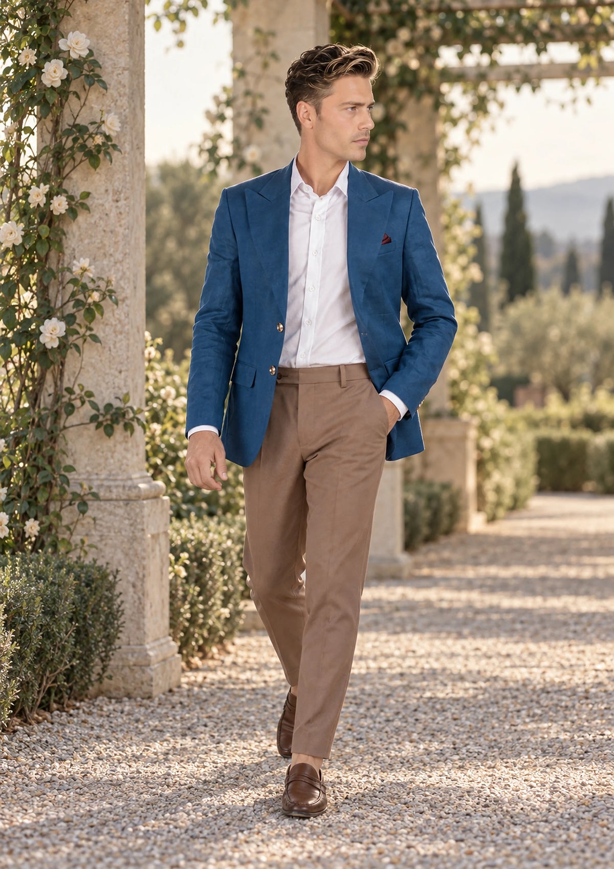 Marine Blue Linen Jacket worn by a model, garden wedding pergola774