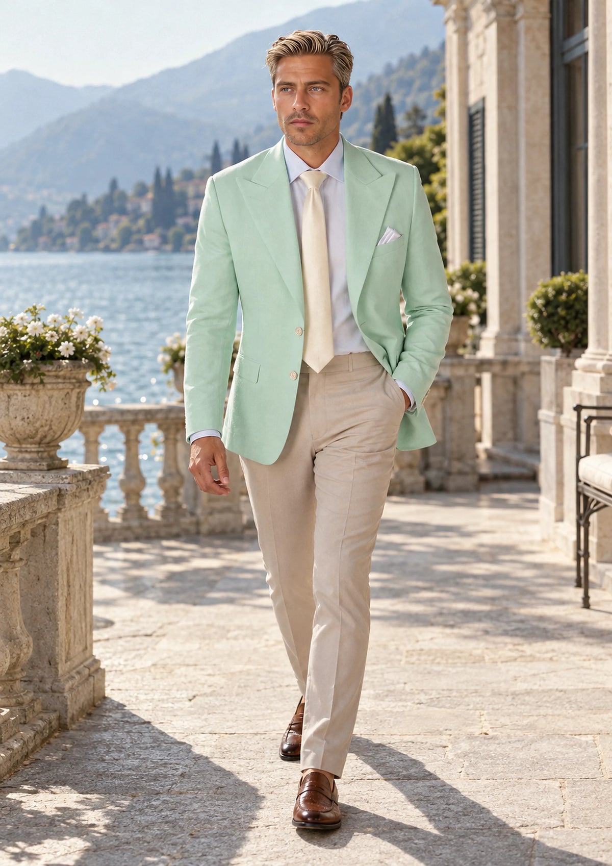 Mint Green Linen Blend  Jacket worn by a model, lakeside hotel terrace331