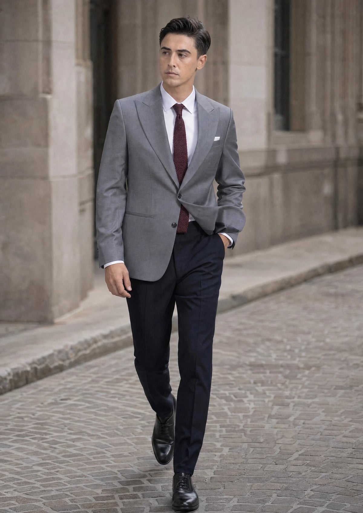 Oslo Grey Twill Jacket worn by a model, financial district street264