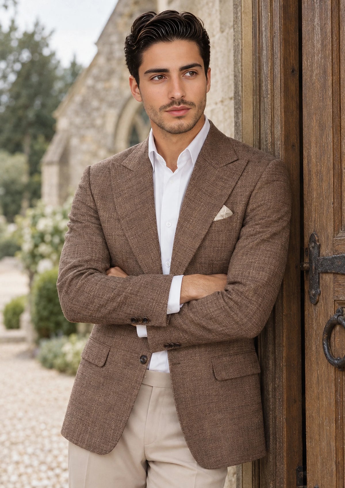 Tawny Brown Hopsack Jacket worn by a model, chapel doorway369