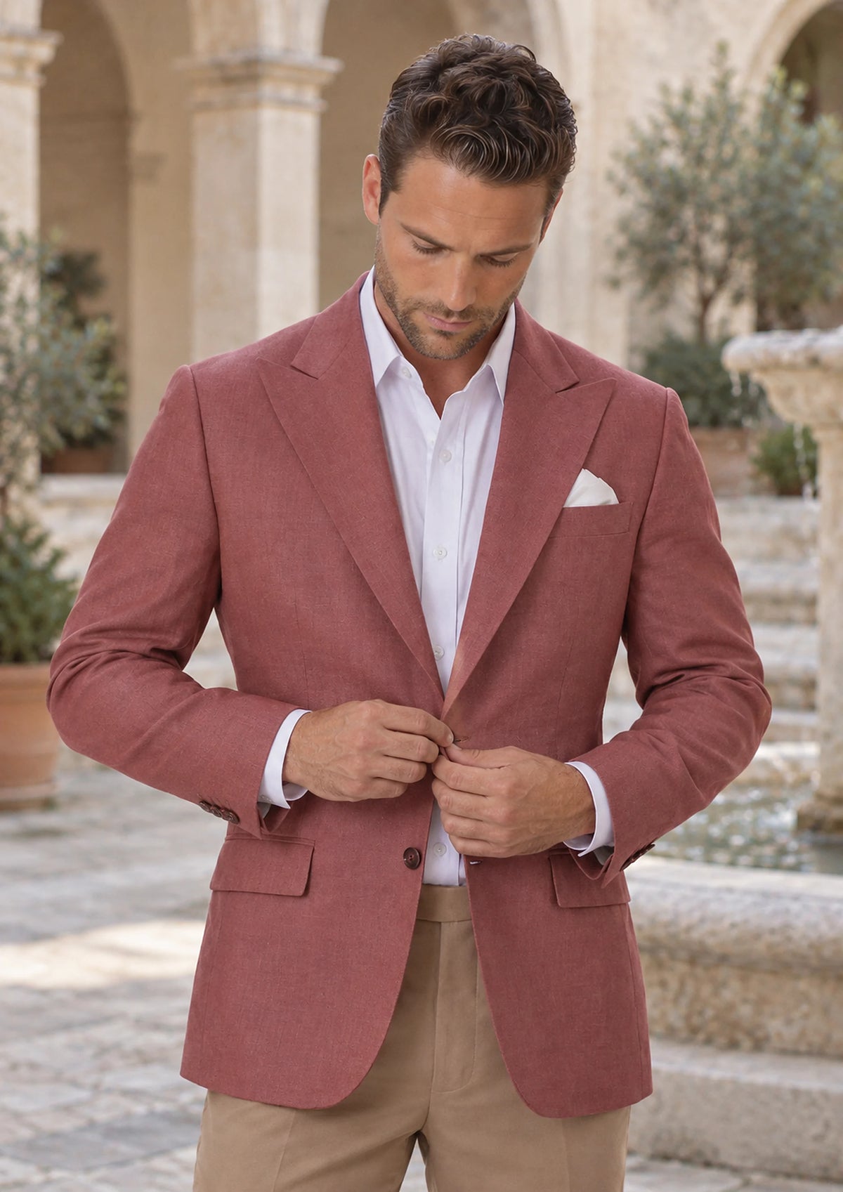Tuscan Red Linen Jacket worn by a model, palazzo courtyard505