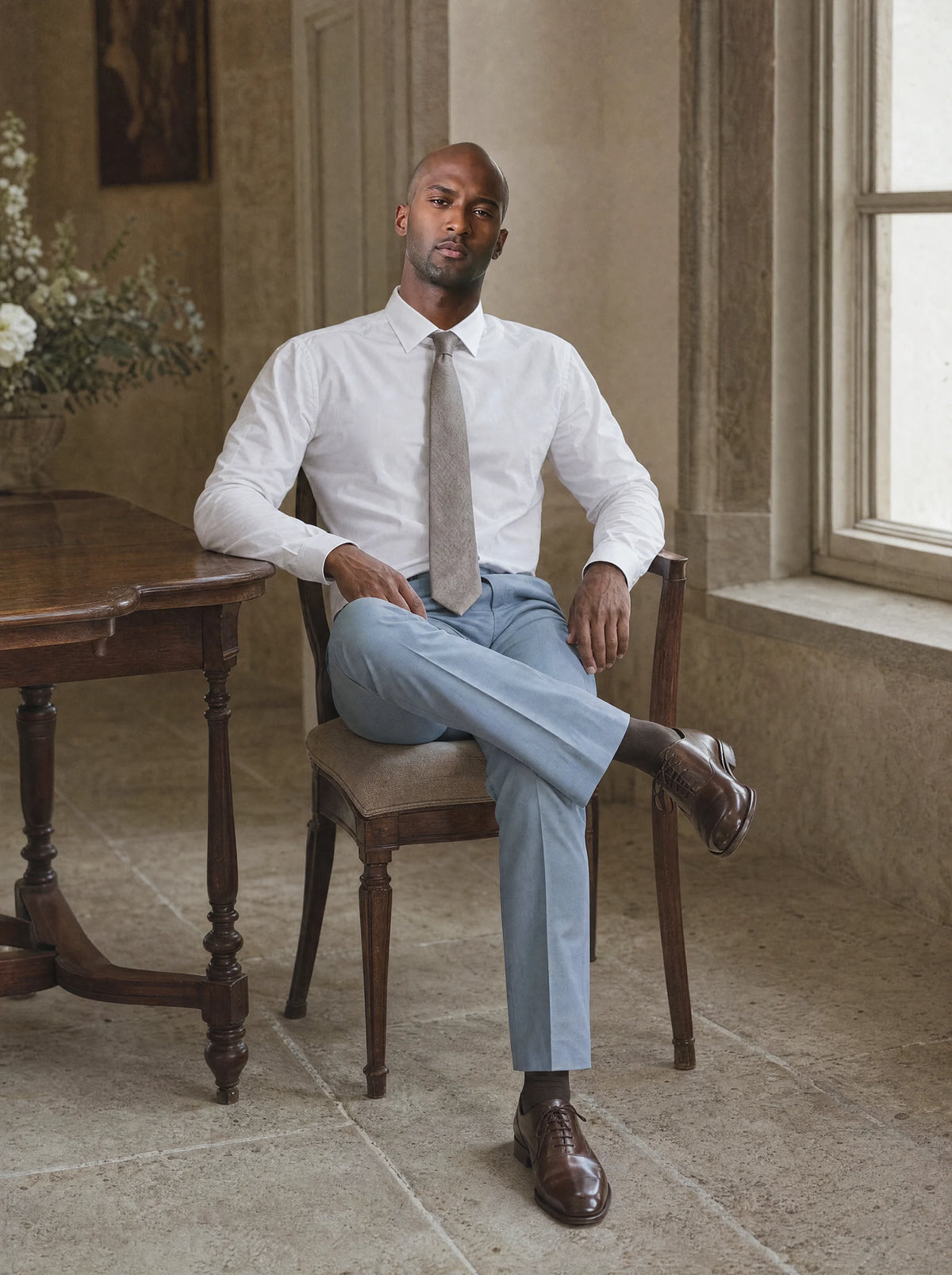 Ice Blue Twill Pants worn by a model, manor anteroom10