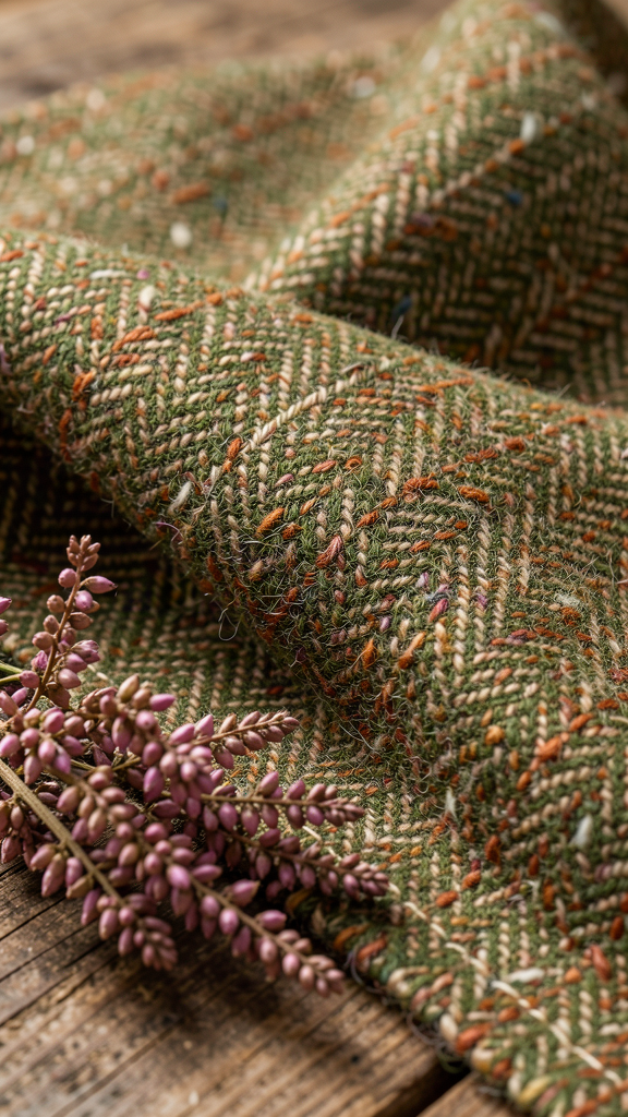 Close-up of earthy Harris Tweed herringbone in moss green and rust, draped beside dried heather