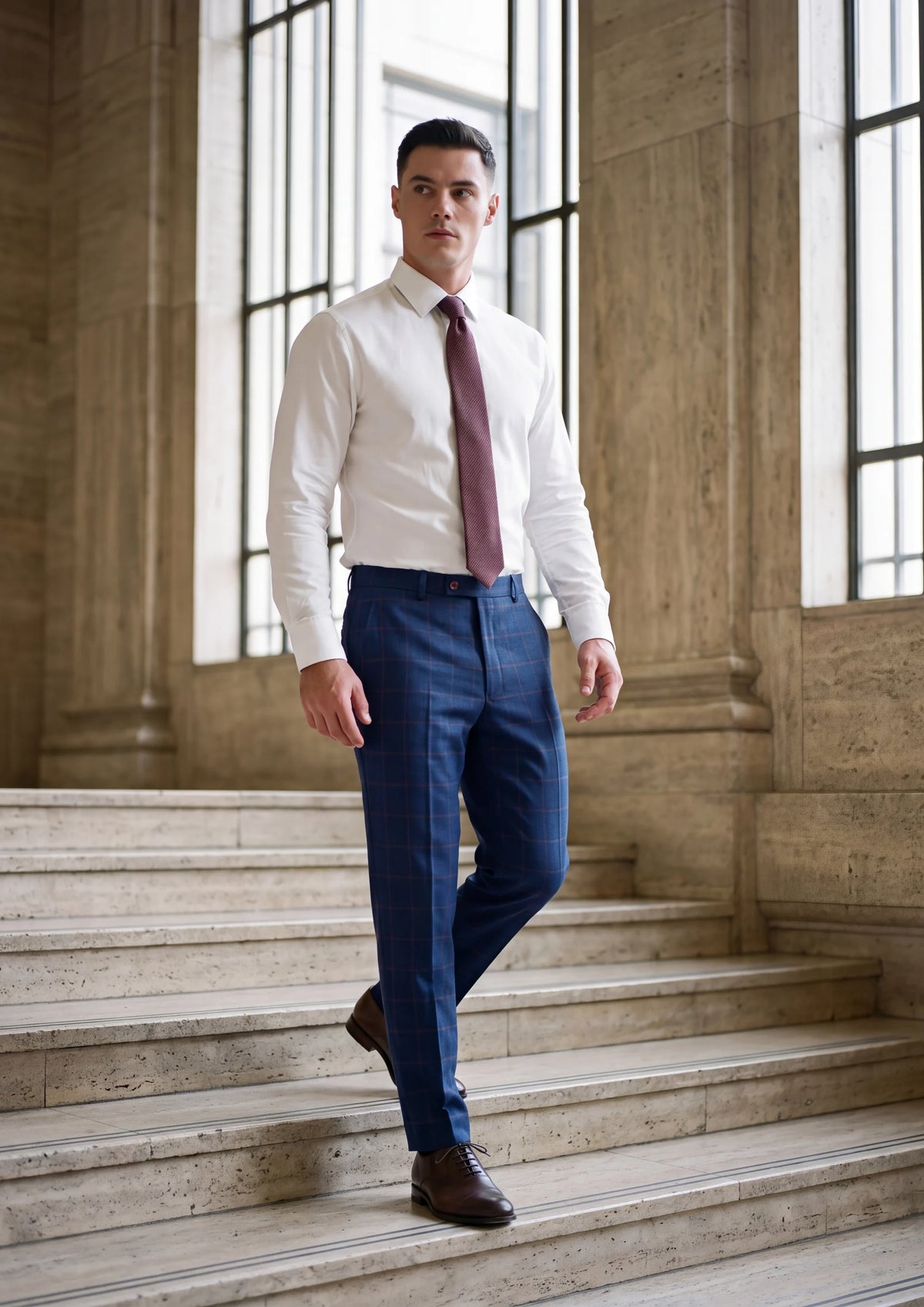 Indigo Blue Windowpane Pants worn by a model, office lobby 1930s102